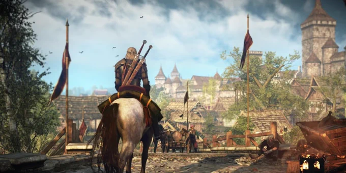 Game screenshot of The Witcher 3 , in the foreground a man Geralt, with white hair, leather armour, and two swords sheathed on his back, is facing away from us, riding a white horse towards a stone bridge into a medieval townscape in the background.