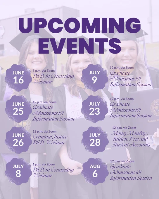 Three graduates smiling, holding diplomas, wearing caps and gowns with the logo of Tarleton State University. The image features upcoming events for the college of graduate studies. 