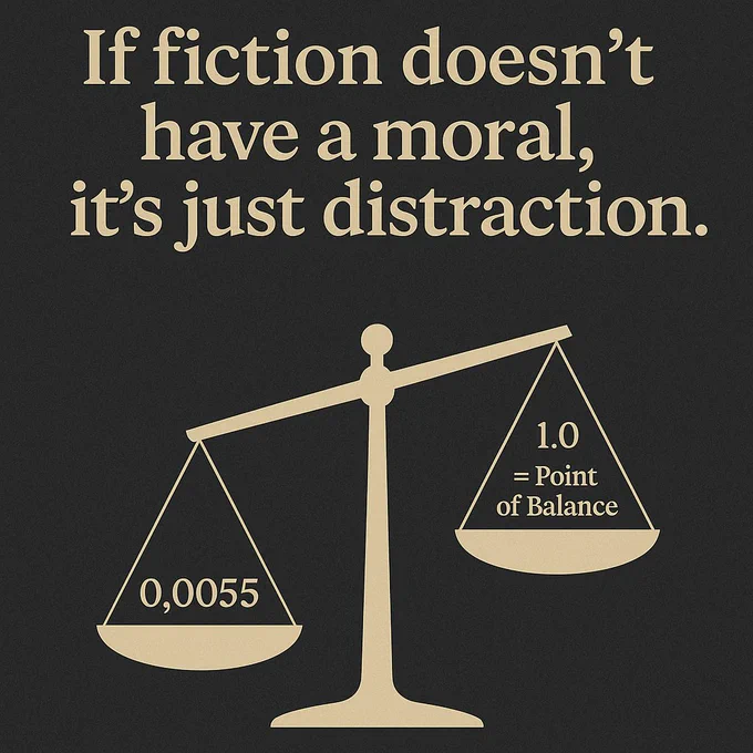 A minimalist, monochrome digital illustration of a dramatically unbalanced scale. The left plate is labeled “0.0055” — almost empty, yet dangerously heavy with fault, symbolizing a critically low Peace Quotient. The right plate is higher, nearly weightless, visually expressing an overwhelming ethical imbalance. Above the image, a caption reads: “If Fiction doesn’t have a moral, it’s just distraction.” The visual bridges The System (fictional narrative) with The Peace Equation (real-world framework), highlighting Gaza as the test case. It urges reflection on whether stories we tell serve justice — or simply shield us from it.