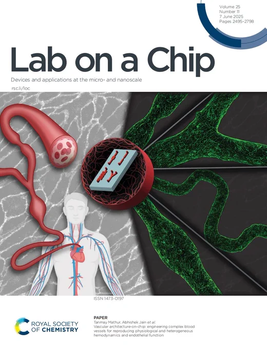 Inside front cover of issue 11 of @LabonaChip. Image shows microfluidic chip with various vascular architectures.