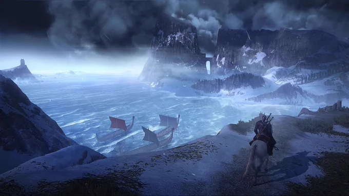 Landscape image from the Witcher 3, with a man (Geralt) on a horse in the foreground looking out over the ocean from a coastline, with Norse ships on the water and dark clouds above.