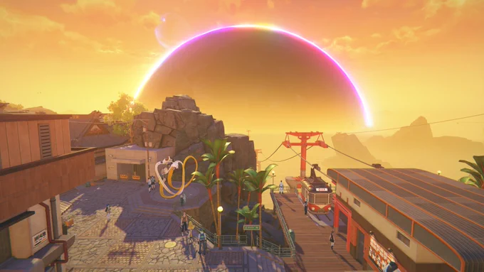 a new city by sunset and a hollow in the distnace
