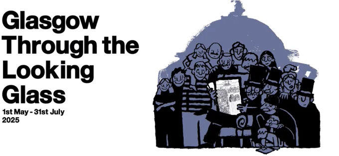 Image showing people surrounding a man holding a copy of the world's first comic book published on 11 June 1825 in Glasgow to promote an exhibition of the comic called Glasgow Through the Looking Glass at the Mitchell Library in Glasgow til 31st July 2025