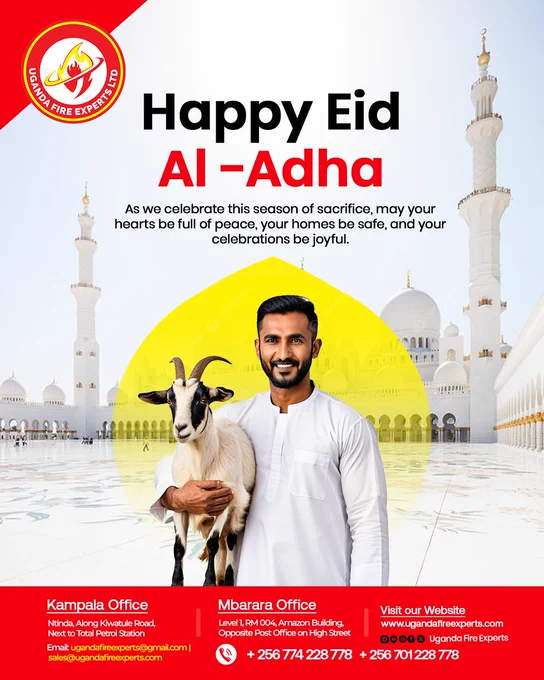 🕌 Wishing all our clients and partners a #HappyEid Al-Adha!🌙 

@UgandaFireExperts Ltd extends warm wishes for a blessed Eid day of unity, gratitude, and togetherness. 

#EidCelebration #UgandaFire #FireExperts