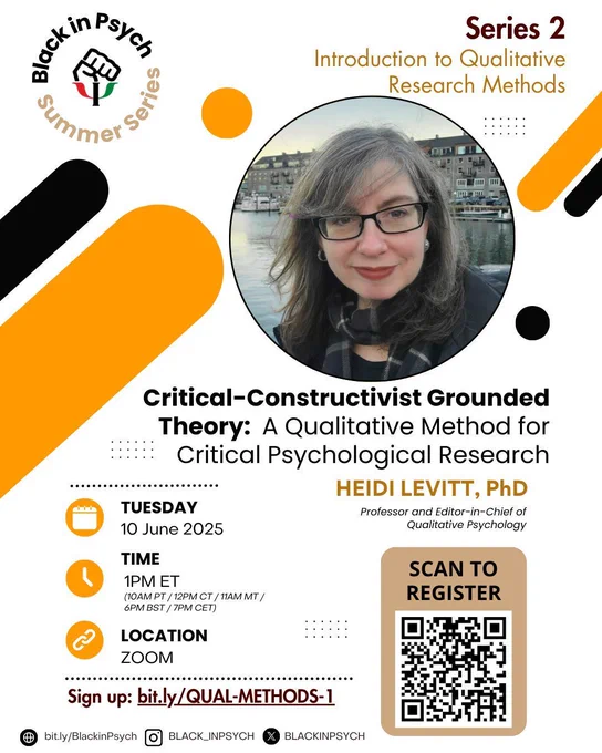 Flyer for the Black in Psych Summer Series, Series 2: Introduction to Qualitative Research Methods. The session is titled “Critical-Constructivist Grounded Theory: A Qualitative Method for Critical Psychological Research” and will be led by Heidi Levitt, PhD, Professor and Editor-in-Chief of Qualitative Psychology. Event is on Tuesday, 10 June 2025 at 1PM ET (with other time zones listed). Location is Zoom. Includes a headshot of Dr. Levitt, a QR code to register, and sign-up link: bit.ly/QUAL-METHODS-1. Social media handles and logos for Black in Psych appear at the bottom.
