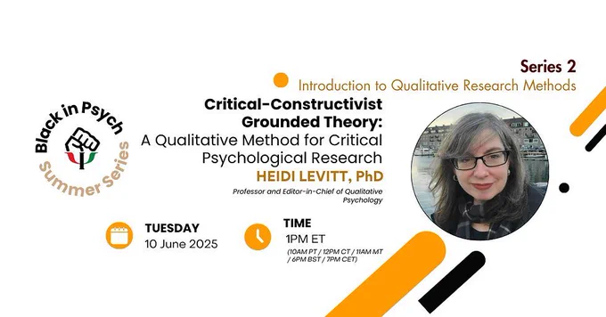 Promotional banner for Black in Psych Summer Series, Series 2: Introduction to Qualitative Research Methods. The featured talk is titled “Critical-Constructivist Grounded Theory: A Qualitative Method for Critical Psychological Research” by Heidi Levitt, PhD, Professor and Editor-in-Chief of Qualitative Psychology. Event takes place Tuesday, 10 June 2025 at 1PM ET (with additional time zones listed). Includes the Black in Psych logo on the left and a headshot of Dr. Levitt on the right, with decorative orange and black geometric accents.