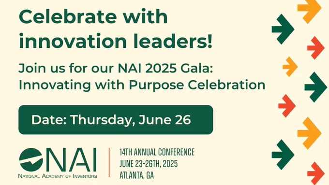 A graphic with the text "Celebrate with innovation leaders! Join us for our N.A.I. 2025 Gala: Innovating with Purpose Celebration". It includes the date of the celebration, Thursday, June 26, as well as information about the conference, which takes place June 23-26, 2025 in Atlanta, Georgia.