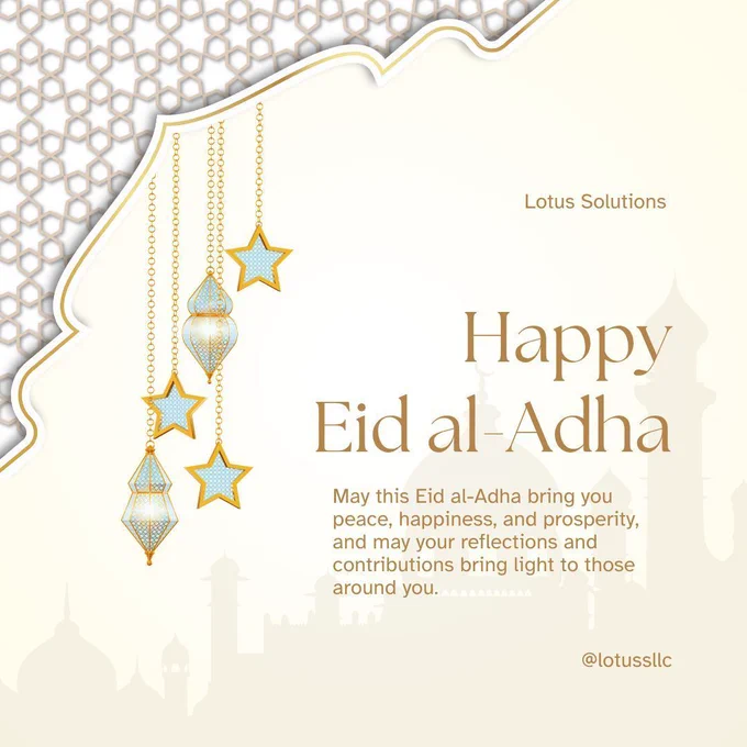 Right: Happy Eid al-Adha. May this Eid al-Adha bring you peace, happiness, and prosperity, and may your reflections and contributions bring light to those around you. 

Left: lanterns and starts hanging over cream background.