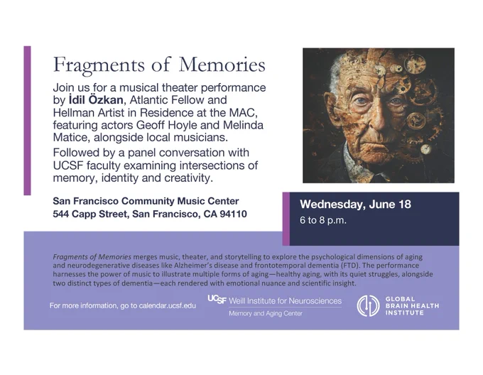 Flyer for “Fragments of Memories,” a musical theater performance on aging and dementia, held June 18 at the San Francisco Community Music Center.