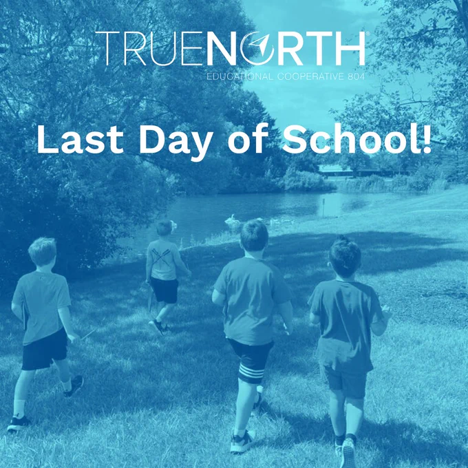 blue graphic that reads last day of school, photo of students running near pond