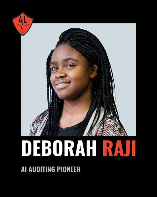 A portrait of Deborah Raji, a young Black woman with long braided hair, wearing a patterned cardigan and a slight smile. The background is light gray, and the photo is bordered by black. Text below reads “DEBORAH RAJI” with “RAJI” in red, and “AI Auditing Pioneer” underneath. The AJL (Algorithmic Justice League) logo appears in the top left corner.