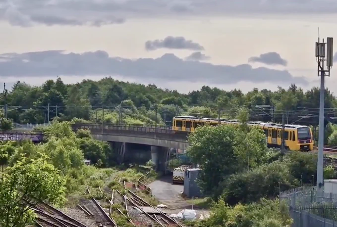 A Metro heads over the Pelaw junction flyover