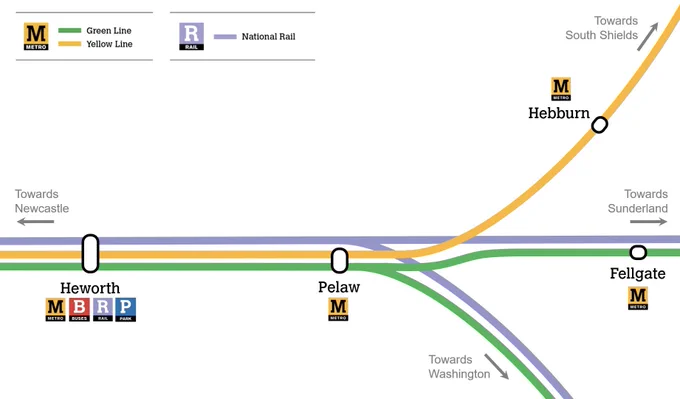 My diagram showing the lines (simplified!) travelling through Pelaw junction once the Leamside Line is reinstated in full, (ie Metro to Washington and National Rail through to Ferryhill).