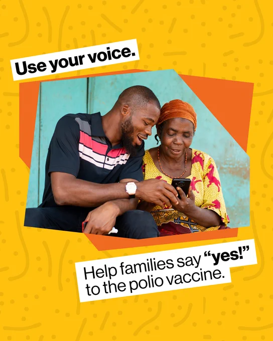 Background image overlay of mother and son using their phone to repost a uInfluence asset and text overlay: User your voice. Help families say "yes!" to help the polio vaccine.