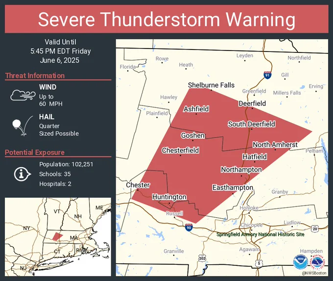 This graphic displays a severe thunderstorm warning plotted on a map. The warning is in effect until 5:45 PM EDT. The warning includes Northampton MA, Easthampton MA and North Amherst MA.  This warning is for Western Hampshire County in western Massachusetts, Central Franklin County in western Massachusetts and Northwestern Hampden County in western Massachusetts. The threats associated with this warning are wind gusts up to 60 MPH and quarter sized hail. There are 102,251 people in the warning along with 35 schools and 2 hospitals.