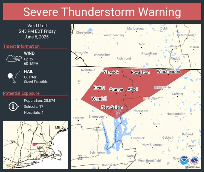 This graphic displays a severe thunderstorm warning plotted on a map. The warning is in effect until 5:45 PM EDT. The warning includes Athol MA, Winchendon MA and Orange MA.  This warning is for Northwestern Worcester County in central Massachusetts and Northeastern Franklin County in western Massachusetts. The threats associated with this warning are wind gusts up to 60 MPH and quarter sized hail. There are 28,874 people in the warning along with 17 schools and 1 hospital.