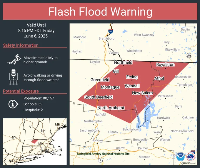 This graphic displays a flash flood warning plotted on a map. The warning is in effect until 8:15 PM EDT. The warning includes Greenfield MA, Athol MA and North Amherst MA.  This warning is for Northwestern Worcester County in central Massachusetts, Northeastern Franklin County in western Massachusetts and East Central Hampshire County in western Massachusetts. Avoid walking or driving through flood waters! Move immediately to higher ground! There are 88,157 people in the warning along with 39 schools and 2 hospitals.