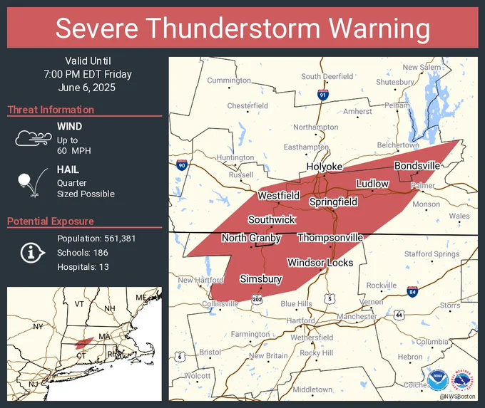 This graphic displays a severe thunderstorm warning plotted on a map. The warning is in effect until 7:00 PM EDT. The warning includes Springfield MA, Chicopee MA and Westfield MA.  This warning is for Northwestern Tolland County in northern Connecticut, Northwestern Hartford County in northern Connecticut, Southeastern Hampshire County in western Massachusetts and Southern Hampden County in western Massachusetts. The threats associated with this warning are wind gusts up to 60 MPH and quarter sized hail. There are 561,381 people in the warning along with 186 schools and 13 hospitals.