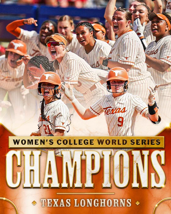Women's College World Series Champions
Texas Longhorns
Texas softball players celebrate in various poses while wearing white pinstriped Texas uniforms.