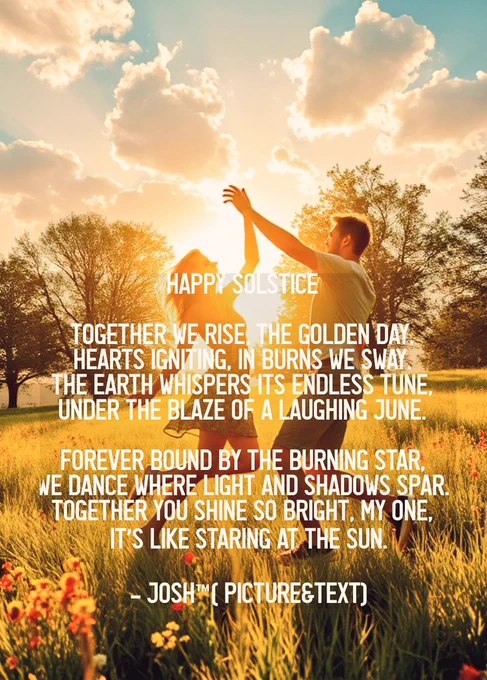 Happy Solstice  

Together we rise, the golden day,  
Hearts igniting, in burns we sway.  
The earth whispers its endless tune,  
Under the blaze of a laughing June.  

Forever bound by the burning star,  
We dance where light and shadows spar.  
Together you shine so bright, my one,  
It’s like staring at the sun..
©JN (text & picture) 