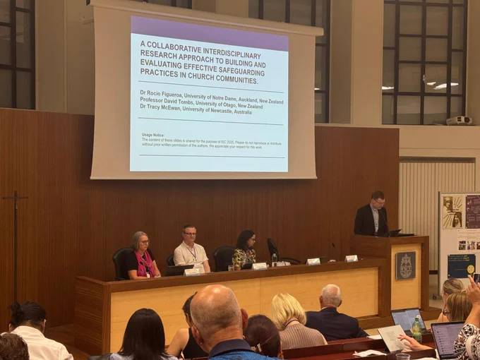 Photo of our panel: Tracy McEwan, David Tombs, Rocío Figueroa and Hans Zollner SJ.