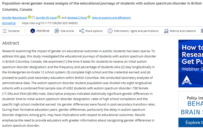 Population-level gender-based analysis of the educational journeys of students with autism spectrum disorder in British Columbia, Canada by Jennifer Baumbusch https://orcid.org/0000-0003-3915-6881 jennifer.baumbusch@ubc.ca, Jennifer EV Lloyd https://orcid.org/0000-0002-3173-3659, and Vanessa C Fong 
https://journals.sagepub.com/doi/10.1177/13623613251345532
