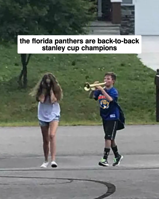 trumpet kid meme with "the florida panthers are back-to-back stanley cup champions" text above it