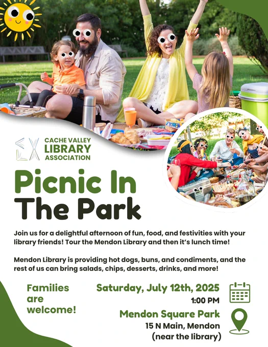 Above text about the event, two groups of people with googly eyes enjoy picnicking.
