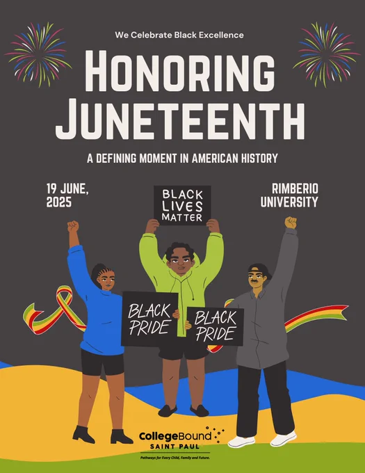 Honoring Juneteenth! Image of black people standing with fists in their air holding signs that say Black Lives Matter. 