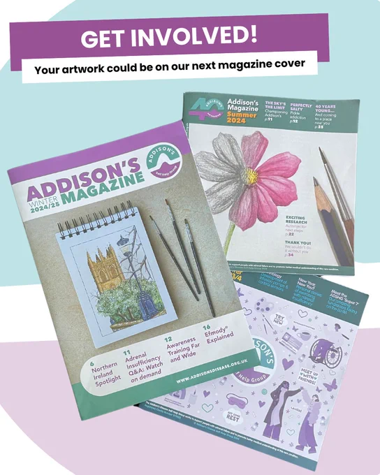 The graphic features bold text reading “GET INVOLVED! Your artwork could be on our next magazine cover” above three past magazine covers. 

The covers display creative artwork: one with a pencil drawing of a cathedral, one with a flower illustration, and another with a pastel-themed design featuring people, hearts, and medical imagery. 