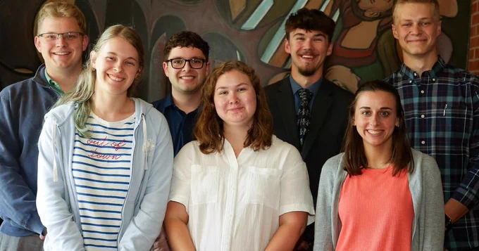 Photo: Synod 2025 young adult representatives: Calvin Schouten, Hannah den Bak, Kyle Vannus, Grace Burns, Caleb Bosveld, Alyssa Koetje, and Nathan Stienstra. Credit: Steven Herppich