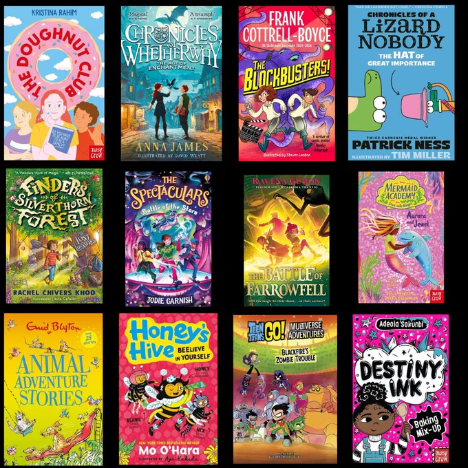 Image shows front covers of some of our new junior books including Honey's Hive Beelieve in yourself by Mo O'Hara and The blockbusters! by Frank Cottrell-Boyce.
