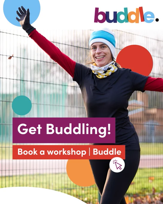 Promotional poster for Buddle featuring a smiling person in sportswear, waving, with the text 'Get Buddling! Book a workshop | Buddle'.