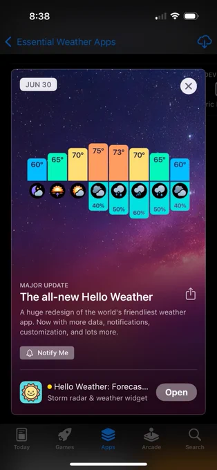 Screenshot of the App Store: the all new Hello Weather is coming on June 30