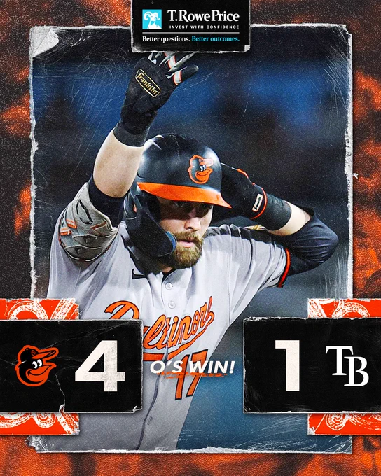 O’s WIN!

Orioles - 4
Rays - 1

The graphic features an image of Cowser hitting the sprinkler. He is wearing a grey Orioles uniform.