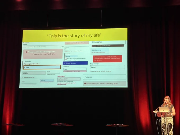 Amy Hupe presenting on the potential harm of automating and scaling bad designs and UX