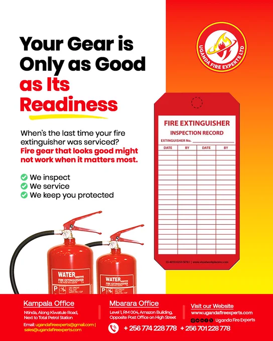 When was the last time YOUR @FireExtinguisher was serviced? ⚠️ #FireGear needs to be ready to work when it matters!🔥  @UgandaFireExperts provide professional inspection and servicing for your fire safety equipment. 
Contact us for any fire safety! 

📞‪ 256 774 228 778‬ 
