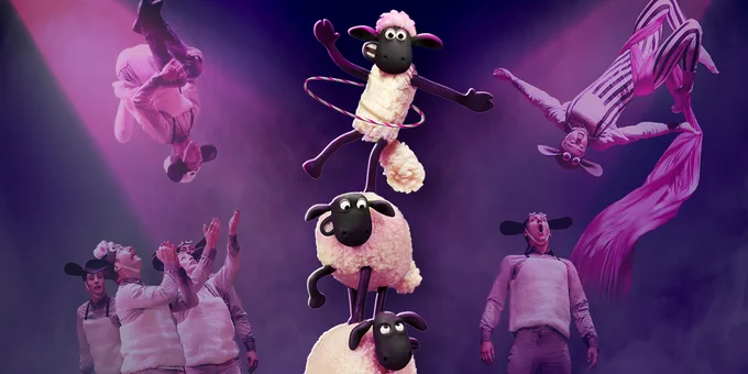 Promotional image featuring Shaun the Sheep and circus performers, with Shaun wearing a hula hoop. 