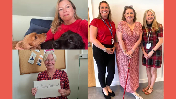 Three photos of staff wearing red for research. First is of smiling woman and two dogs. Second is smiling woman with a hashtag red for research sign. Third is three members of staff together.