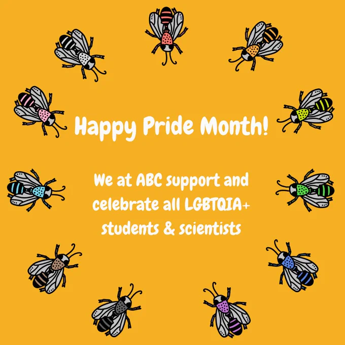 A circle of eleven ABC logo bees in the colours of the progress pride flag surrounding a text saying Happy Pride Month! We at ABC support and celebrate all LGBTQIA  students & scientists