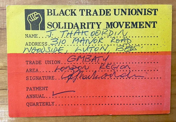 Jim's Black Trade Unionist Solidarity Movement membership card
