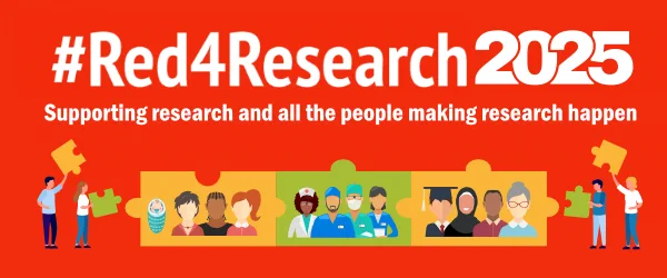 #Red4Research2025 graphic with the strapline supporting research and all the people making research happen. Illustrations of doctors families and people from different backgrounds are inside connected jigsaw pieces.