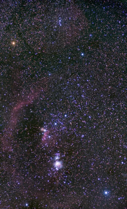撮影機材
HD PENTAX-FA 50mmF1.4
ZWO ASI183MC
Sky-Watcher AZ-GTi (赤道儀モード)

露出
f/2.8
Gain 120
60s × 120フレームスタック × 4領域モザイク合成
総露出時間8時間
ダーク・フラット補正済

使用したソフト
SharpCap 4.0
DeepSkyStacker 5.1.6
PixInsight 1.8.9.3
Image Composite Editor
Lightroom (iOS版)

その他
2024年12月31日〜2025年01月02日、和歌山県西牟婁郡すさみ町内にて撮影