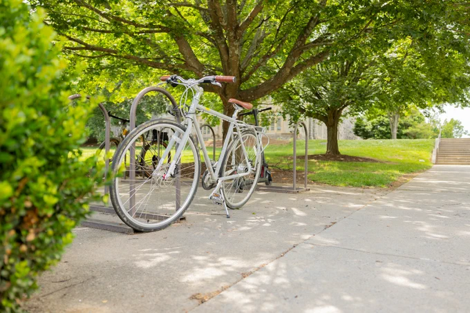 A bike stands up near the Virginia Tech drillfield.