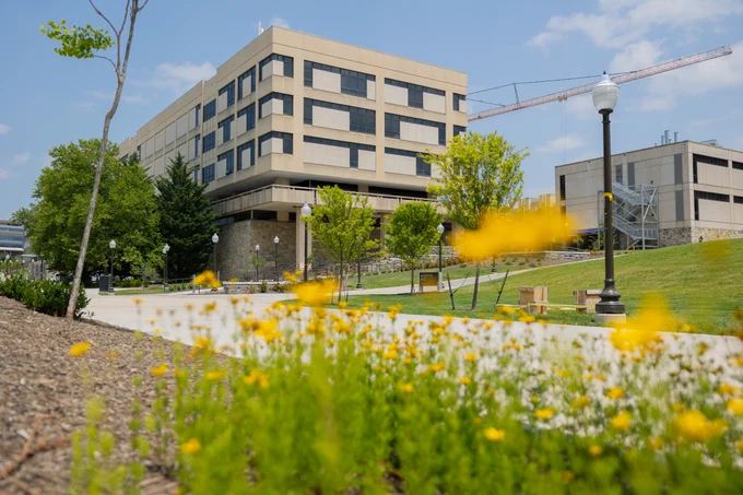 Virginia Tech Whittemore Hall stands in the background with yellow flowers in the foreground.