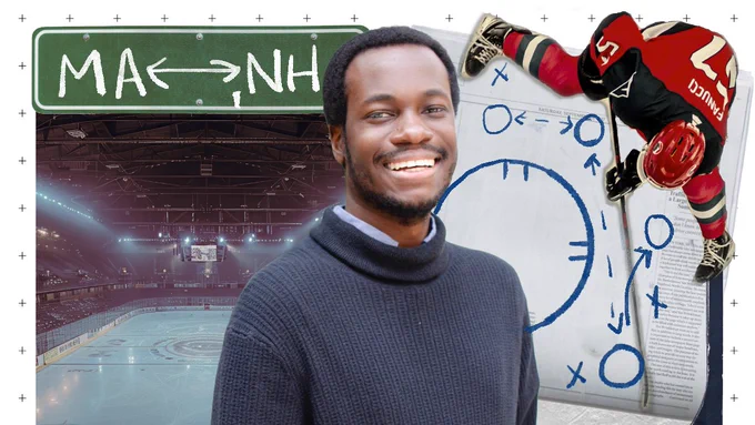 Aaron Bonsu pictured in a collage with hockey images.