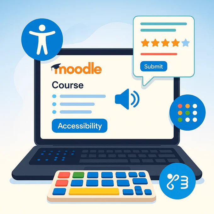 Computadora portátil con la pantalla mostrando la palabra "moodle", la palabra "Course", un botón azul con el texto "Accessibility" y un icono de altavoz. Alrededor de la pantalla hay iconos de accesibilidad, calificación con estrellas y botón "Submit", puntos de colores y un símbolo de accesibilidad táctil. Frente a la laptop hay un teclado adaptado con teclas de colores.