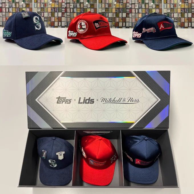 Four photos showing a Player Chase Series 2 box with Mariners, Cardinals and Braves hats.