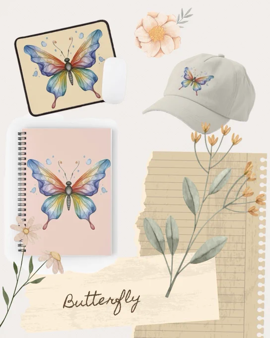 Watercolor butterfly design in rainbow colors displayed on a notebook, mouse pad and beige cap. Surrounded by delicate floral decorations and soft background textures with the handwritten word Butterfly at the bottom.