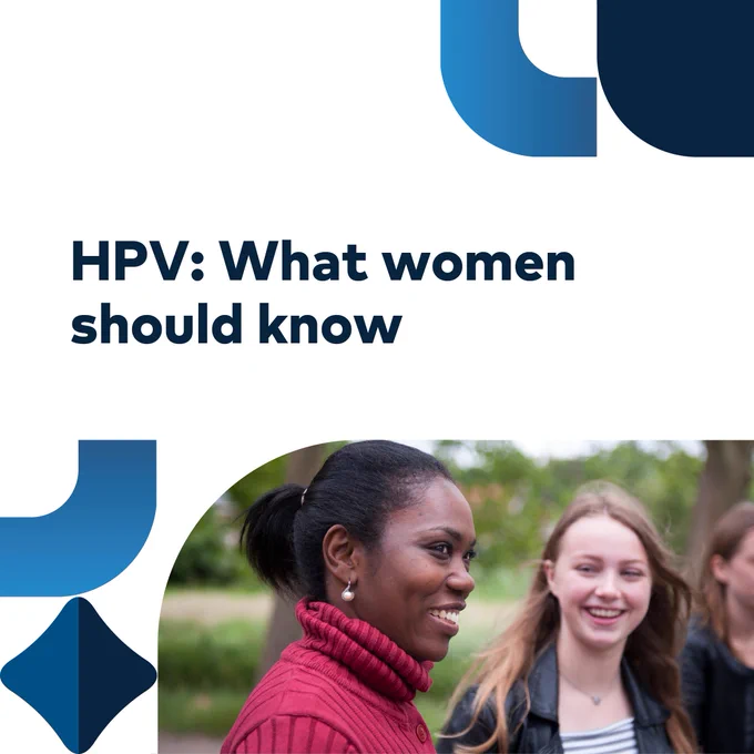 Text: HPV: What women should know.

Two women standing together and smiling